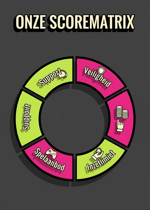 Onze scorematrix voor casino zonder limiet als donut: inzetlimiet, uitbetaling, veiligheid, spelaanbod en support.