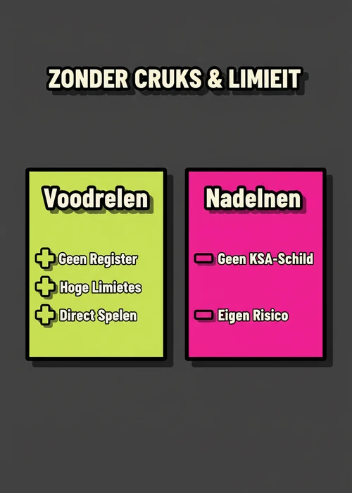 Voor- en nadelen van casino zonder Cruks en limiet: geen register en hoge limieten tegenover geen KSA-schild en eigen risico.